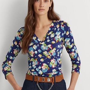 LAUREN Floral Wrap-Style Jersey Top NWT